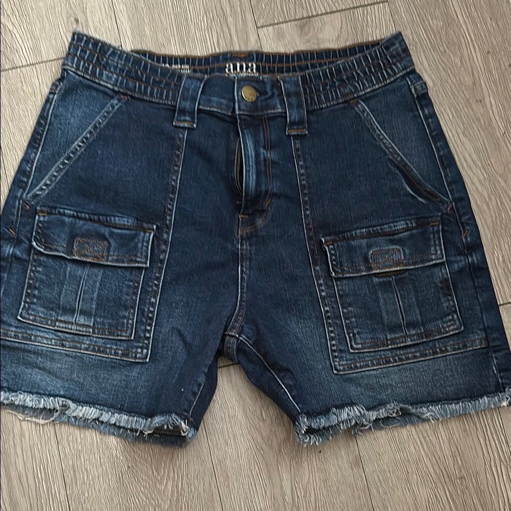 a.n.a Blue Jean Shorts with Elastic Waist and Frayed Hem